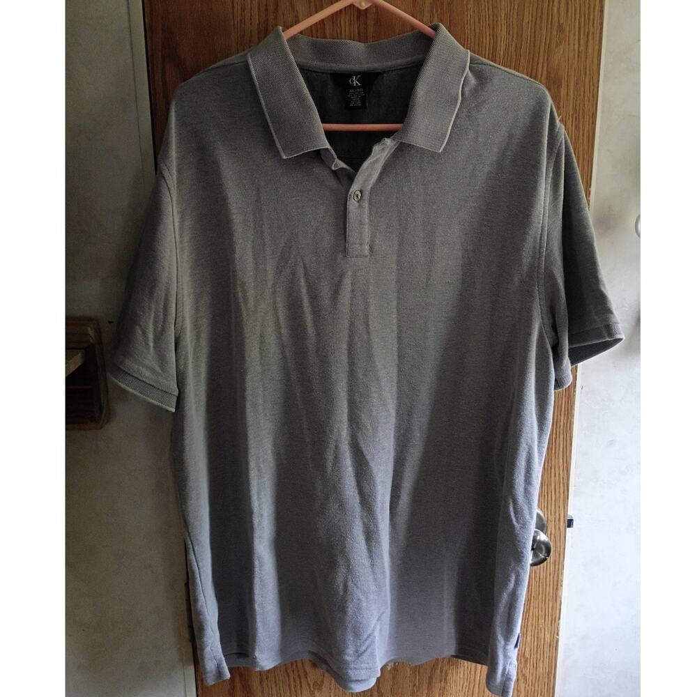 CK by Calvin Klein Mens XL Gray Polo Shirt Textured Trim Cotton Blend Logo Hem